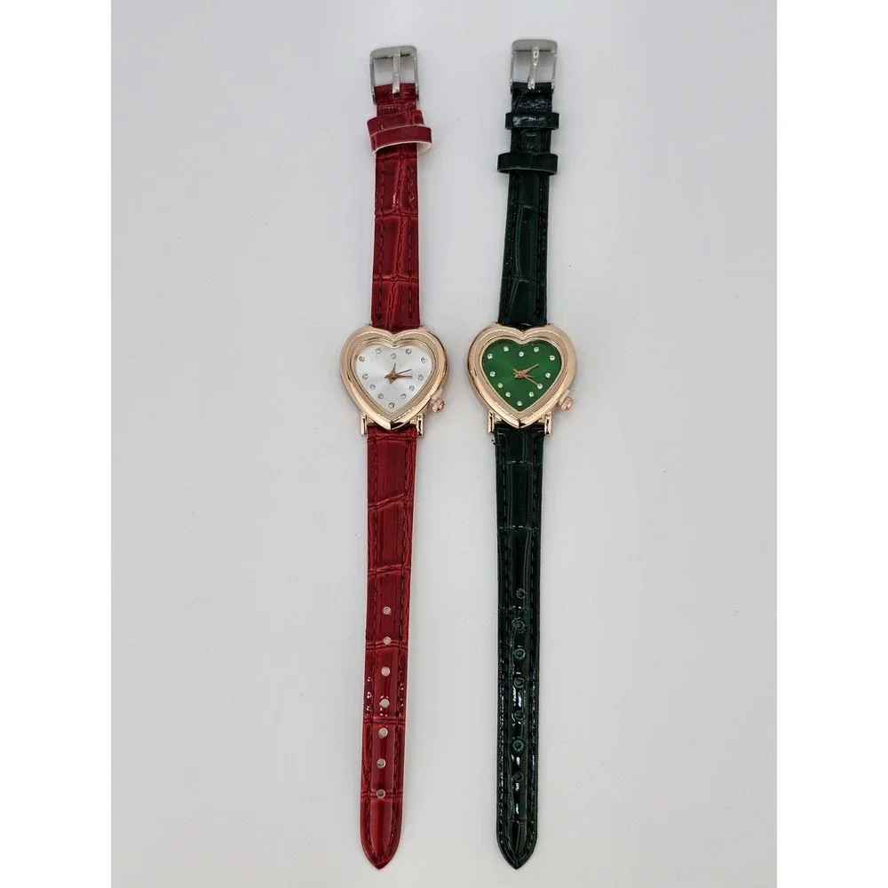 2X Girl's Women's Watch Heart Shape Green Red Dial 28MM Green‎ Red Leather Bands